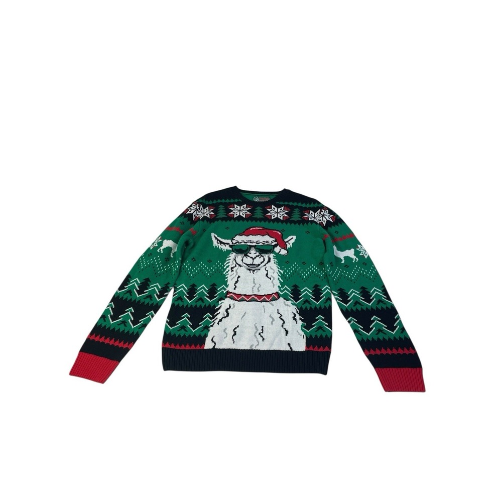 Fun Ugly Christmas Sweater Green Red Holiday Llama / Santa Knit Pullover Large